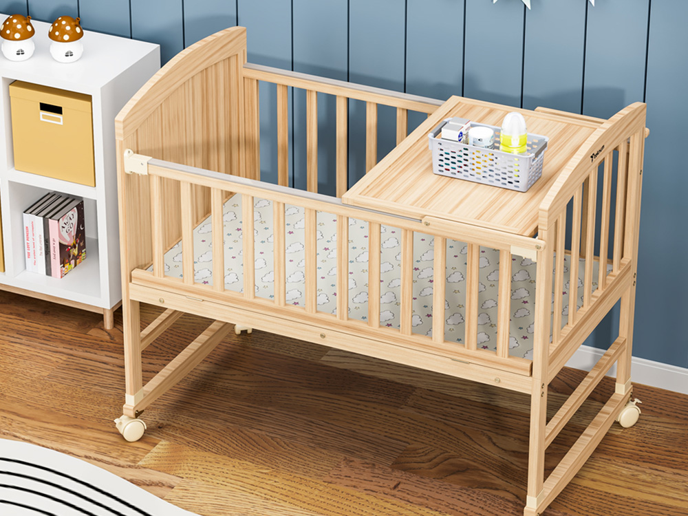 wooden baby crib in the bedroom