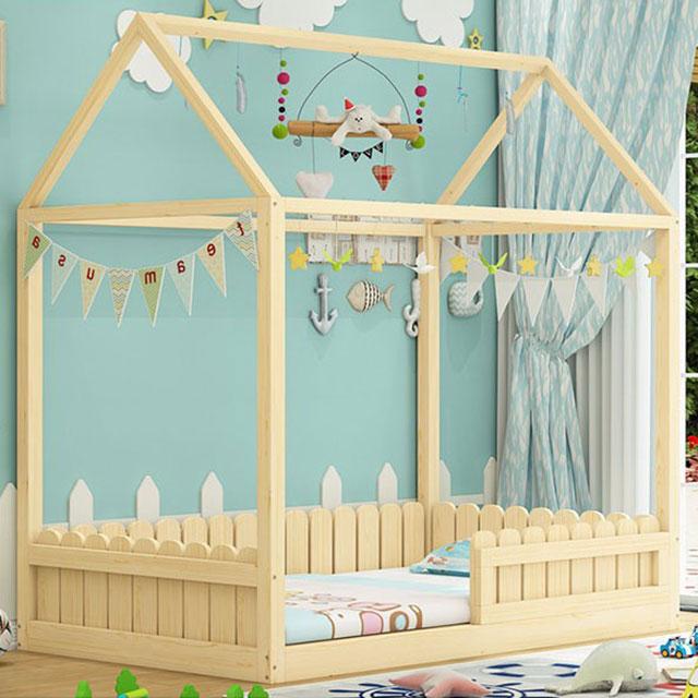Solid Wood Kids House Bed With Guardrail