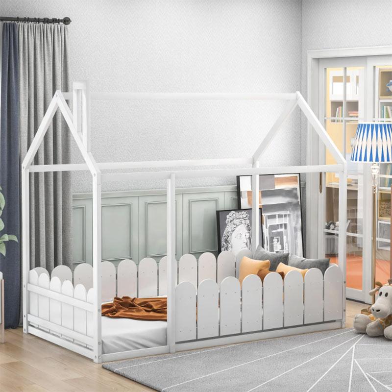 Kids House Bed Frames with Pine Wood Roof and Fence (5)