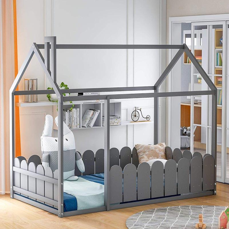 Kids House Bed Frames with Pine Wood Roof and Fence (6)