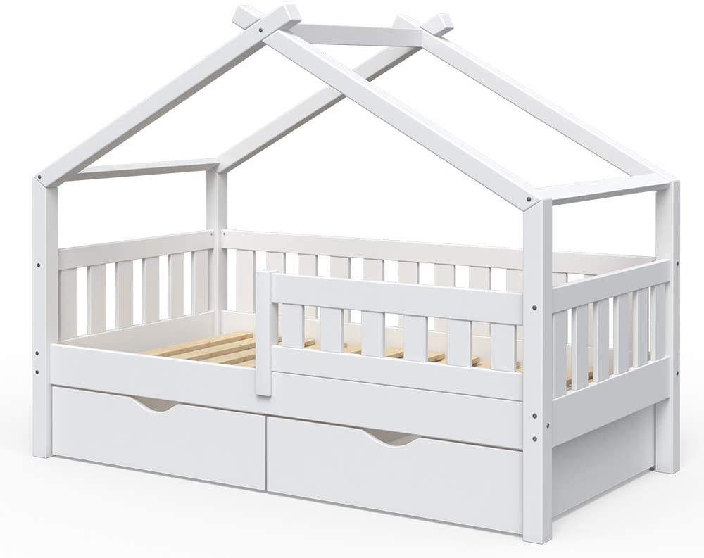 Cama de chão moderna Montessori branca com gaveta grande