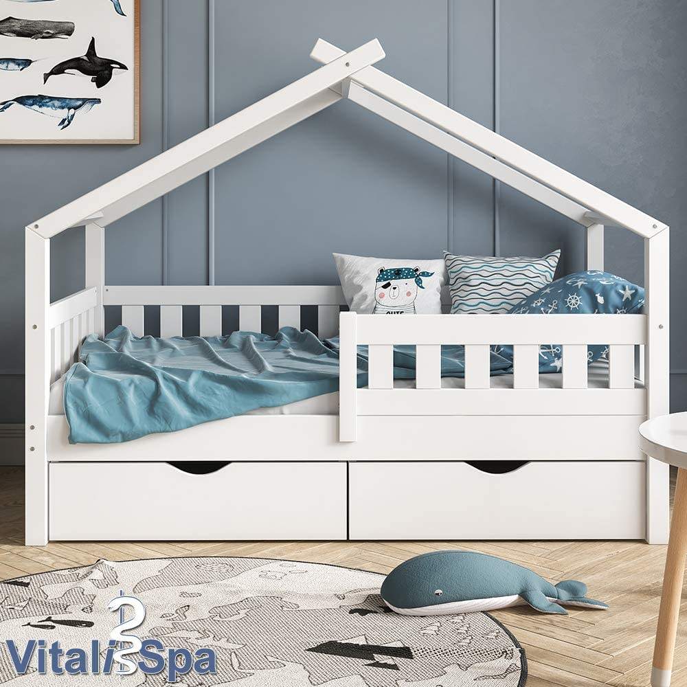 Cama de chão moderna Montessori branca com gaveta grande