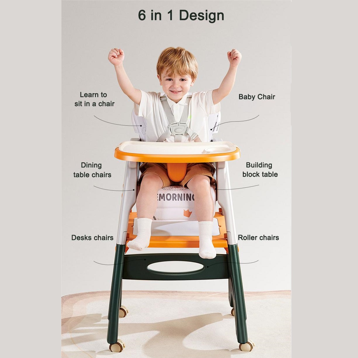 كرسي مرتفع 6 في 1 تصميم كرسي تغذية الطفل