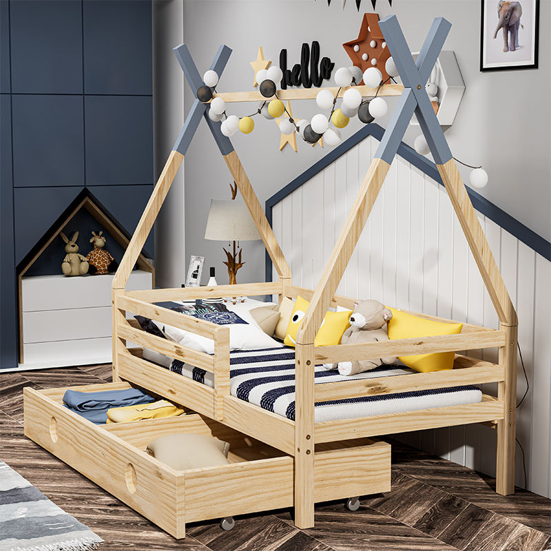 Wood Color Cama Montessori Pine Wood House Bed