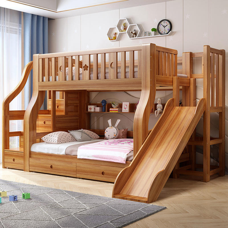 Litera de madera maciza con escalera para niños-01