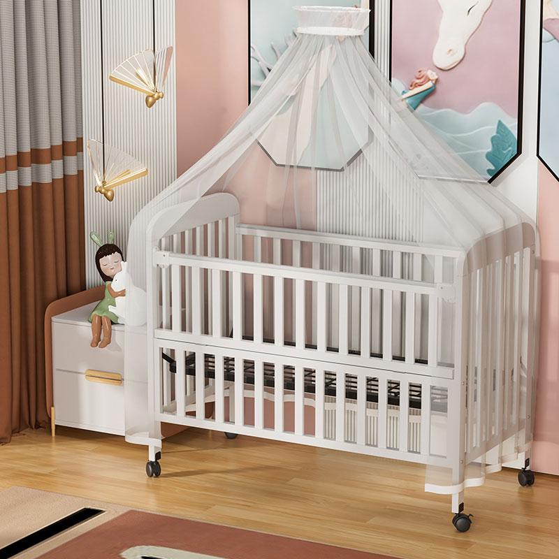 سرير أطفال خشبي محمول باللون الأبيض لحديثي الولادة-2