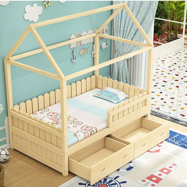 Solid Wood Kids House Bed With Guardrail