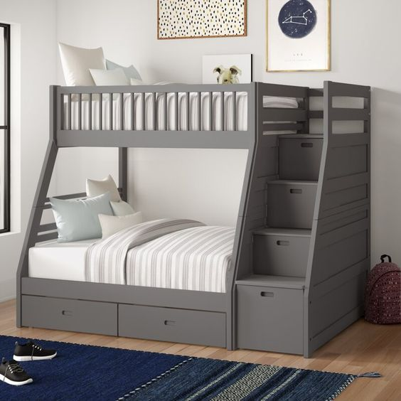 grey bunk bed with stairs and drawers in the bedroom