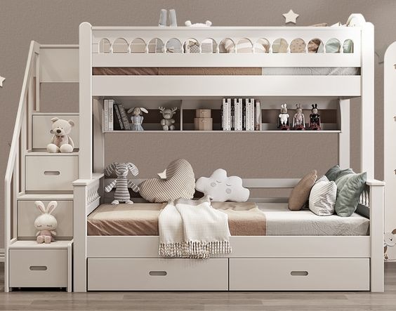 white bunk bed with storage drawers and stairs