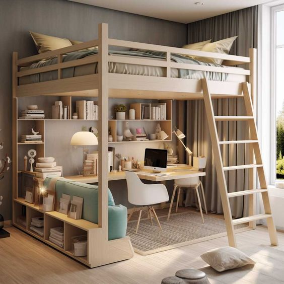 wooden bunk bed with desk under