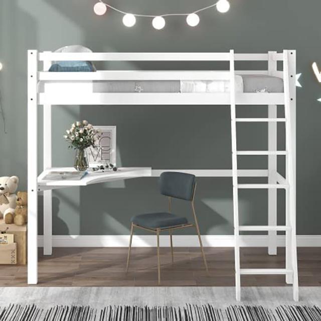 White Twin Loft Bed with Desk