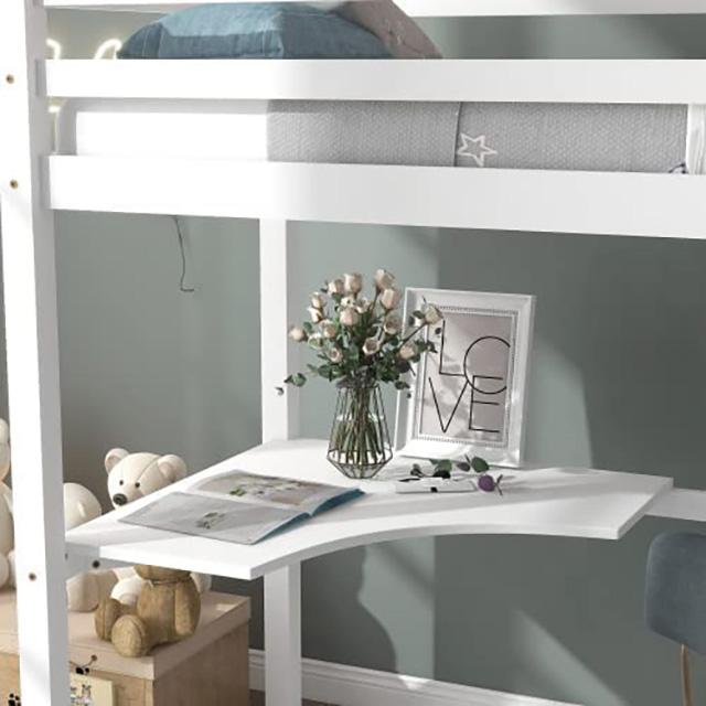 Tempat Tidur Loteng Kembar Putih dengan Meja