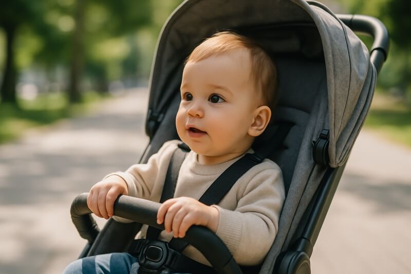 bir bebek arabasฤฑnda oturuyor