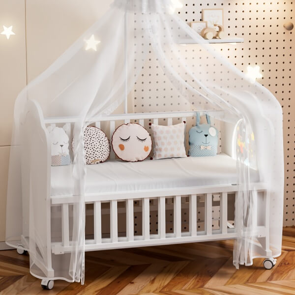 Cuna de lujo para bebé con luz LED y placa acrílica