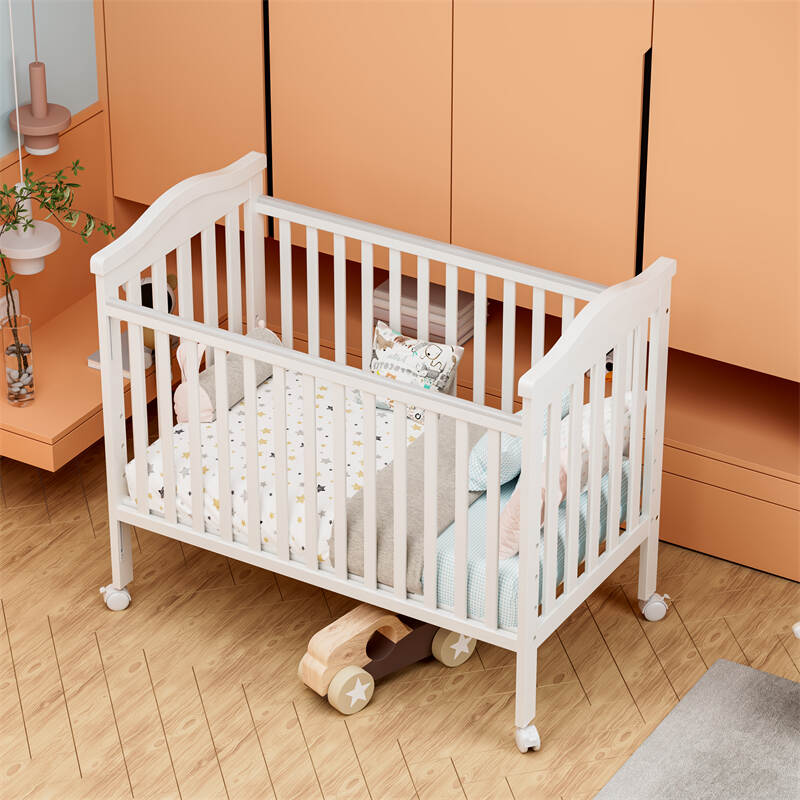 Eco-friendly Solid Wooden Baby Crib With Wheels