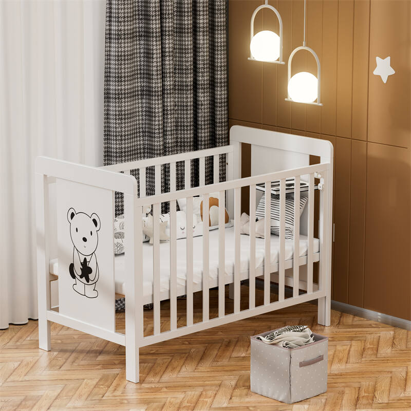 White Wooden Baby Cot with Cartoon Patterns