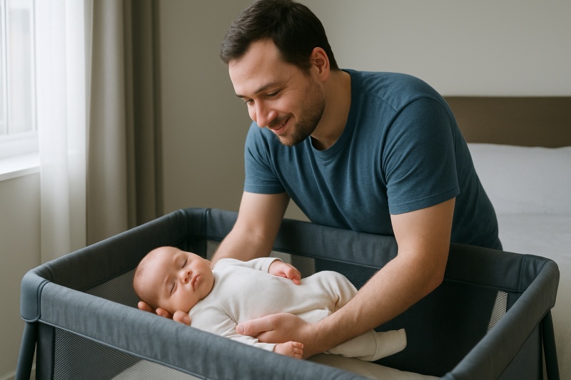 orang tua menempatkan bayi di tempat bermain